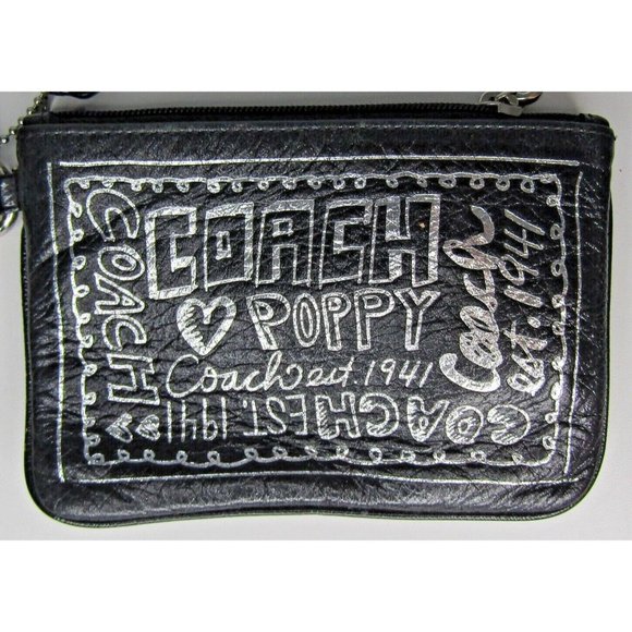 Coach Handbags - Vintage Coach Poppy Black And Silver Wristlet Purse 6"